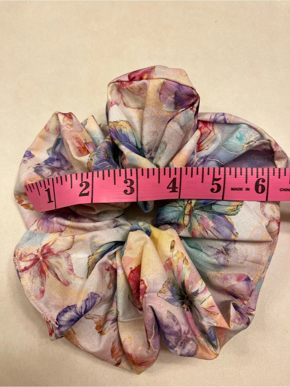 Handmade Watercolor  butterfly floral pink orange blue teal purple scrunchies